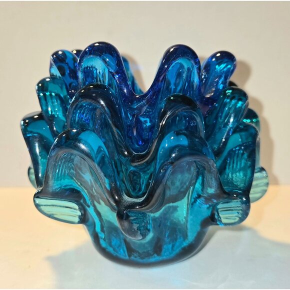 Set Of 3 Murano Blue Glass Sculptural Bowls With Organic Wave Design - Picture 7 of 7